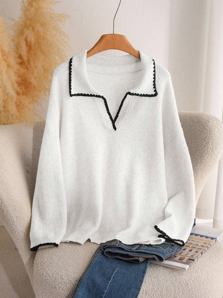 CosyJoli Plus Size Casual Color Block Trim V-Neck Pullover Sweater/Winter - White - View 1