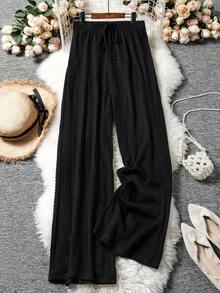 Lacomfia Plus Size Black Textured Drawstring Waist Casual Pants - Black - View 1
