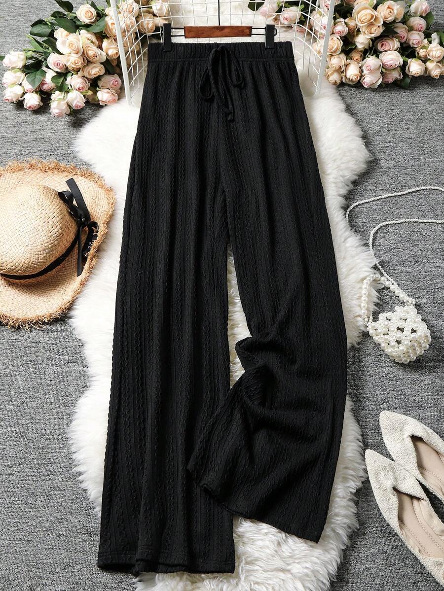 Lacomfia Plus Size Black Textured Drawstring Waist Casual Pants - Black - View 1