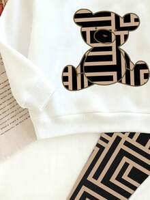 2pcs Baby Girl Set, Fashionable Cute Sitting Bear Print Hoodie Sweatshirt & Geometric Pattern Leggings, Suitable For Outings In Autumn/Winter