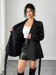 Dazy Plus Plus Size Women Casual Solid Color Notched Collar Belted Fitted Blazer Jacket - Black - View 3