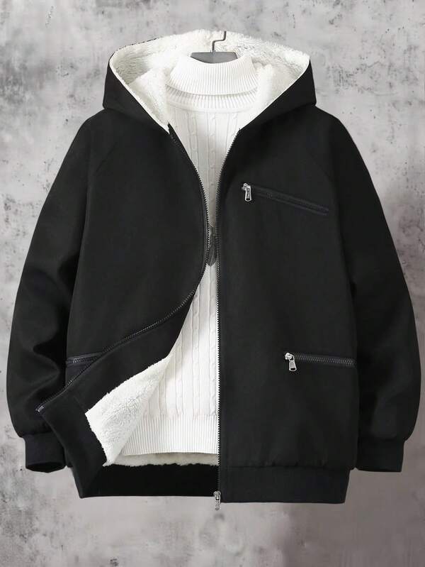 1pc Teen Boys Casual Sports Black Hoodie Jacket, Thermal Lined, Classic Zipper, Multi-Pocket Design, Suitable For Autumn/Winter Casual Outdoor