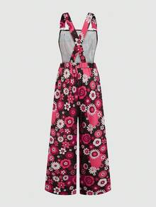 Sweetra 大码女式印花弹力腰交叉连体裤，优雅百搭，适合度假、约会、派对和休闲穿着，秋冬季款 - 粉色 - 查看 2