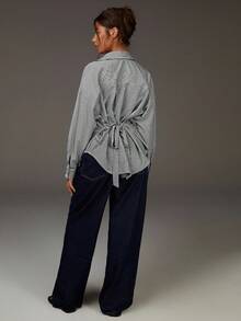 Athîral 女士休闲日常条纹系带蝙蝠袖衬衫，秋季款 - 藍白色 - 查看 5