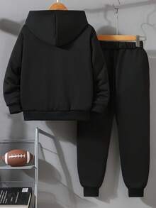 SHEIN Vacaura 2件套幼儿男童（加大码）波士顿和闪电印花连帽运动衫和运动裤休闲装 - 黑色 - 查看 2