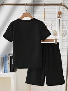 Vacaura 2 件套青少年男童休闲提花纹理黑色圆领短袖 T 恤和短裤套装，复古夏季服装 - 黑色 - 查看 2