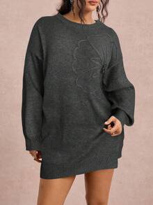 Freevana Plus Size Floral Textured Crew Neck Long Sleeve Sweater Dress/Winter - Dark Grey - View 5