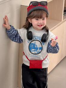 DAZY 女童圆领格子休闲荷叶边长袖卫衣，秋冬款