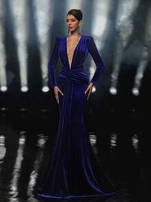 Glamrae Elegant Velvet Sexy Deep V-Neck Heavily Embellished Shoulder Pad Long Sleeve Ruched Waist Fishtail Front Slit Robe, Party Dress, Wedding Guest Dress, Evening, Robe For Gala Night Gown - Royal Blue - View 8