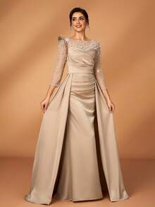 Serin Váy dài đuôi cá tay bèo nhún đính cườm, đá giả, kim sa và satin theo phong cách Trung Đông & Châu Âu, sang trọng, thanh lịch, phù hợp cho đám cưới, tiệc tùng, kỳ nghỉ, dạ hội, tiệc chia tay cuộc sống độc thân, váy cho mẹ cô dâu - Rượu sâm banh - Xem 2