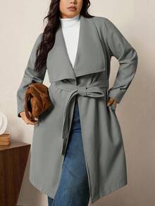 SHEIN LUNE Damen Große Größen Lässig & Business Minimalistische Lange Ärmel Woll Mäntel - Grau - Übersicht 9