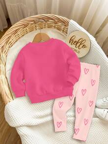 Pink & Cream, Cute & Sweet Girly Heart Series, Baby Girl Casual Comfortable Soft Warm Crew Neck Long Sleeve Sweatshirt And Leggings Set, Suitable For Autumn/Winter Daily Wear, New Year, Outings, Home - Multicolor - View 3