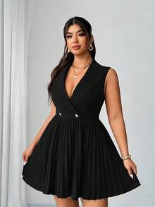 SHEIN Elenzya Váy ngắn xếp ly không tay, cổ bẻ, thanh lịch, trang nhã, giản dị, cỡ lớn dành cho nữ, mùa thu/đông - màu đen - Xem 4