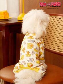 TOM & JERRY X PETSIN 1件可爱老鼠猫吃奶酪卡通图案印花宠物猫狗通用四脚连体衣，弹性舒适。