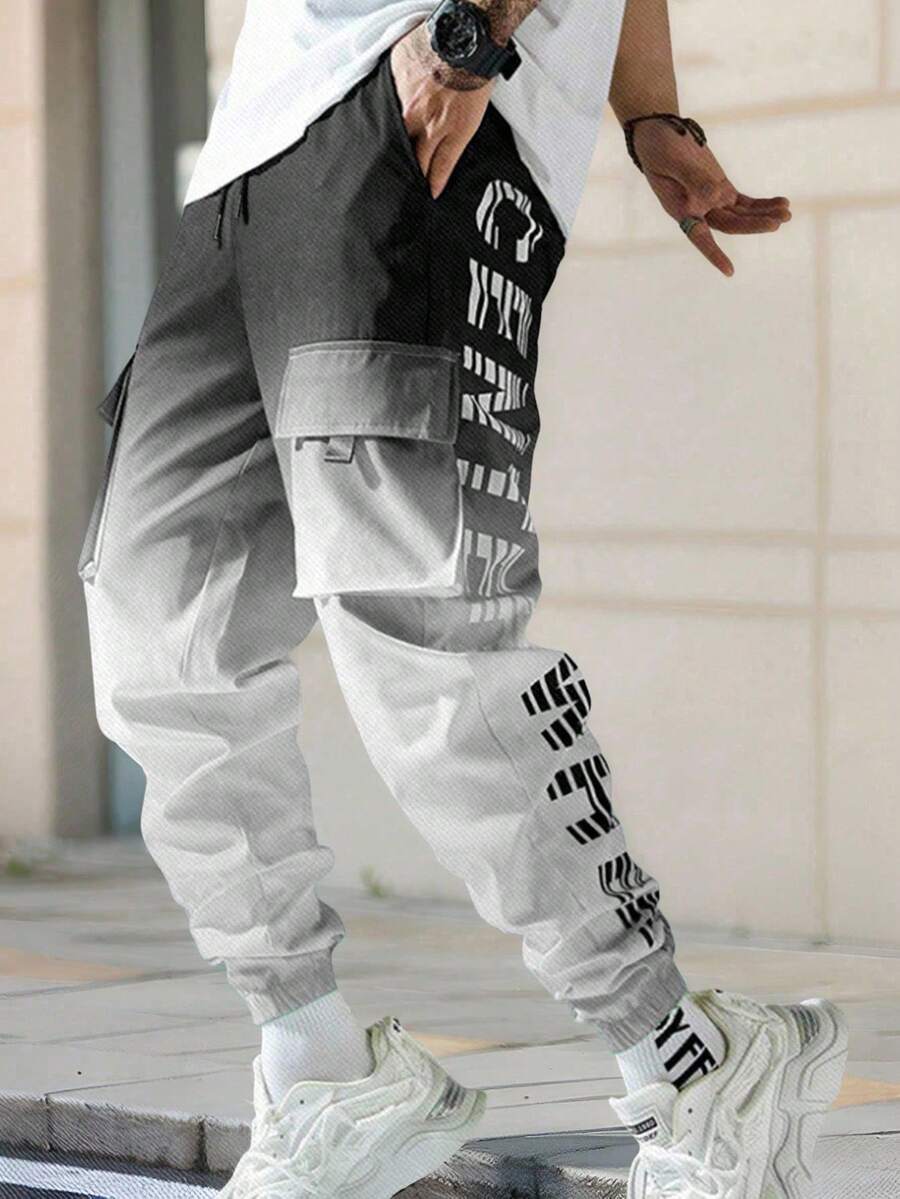 SHEIN 青少年（男孩）裤子，大男孩休闲印花长裤，对比渐变字母和渐变印花，松紧腰身，日常穿着，宽松街头时尚 - 黑色 - 查看 1