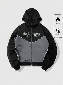 ROMWE MEN Prep Men's Contrast Color Print Hooded Long Sleeve Patchwork Sweatshirt - Black - View 1