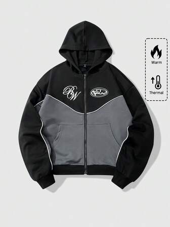 Prep بلوزة رجالية كنزة بغطاء رأس بأكمام طويلة مطبوعة بألوان متباينة وتصميم رقعي