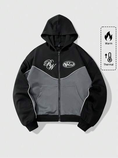 Street Life Men's Contrast Color Print Hooded Long Sleeve Patchwork Sweatshirt