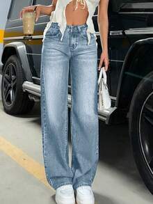 SHEIN Tall 低腰阔腿牛仔裤 - 中等水洗藍 - 查看 2