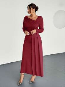 Đầm thường ngày nhún vai viền bất đối xứng cỡ lớn dành cho nữ, thiết kế bó eo, tay dài thanh lịch, thích hợp cho kỳ nghỉ, mùa thu/đông - Đỏ - Xem 8