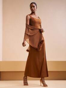 Zivah Elegant Shades Of Brown Summer Dining Sleeveless Fitted Split Maxi Dress With Fur Cape Two Pieces Set,Wedding Guest Boho Party Gala Birthday Outfit - Brown - View 4