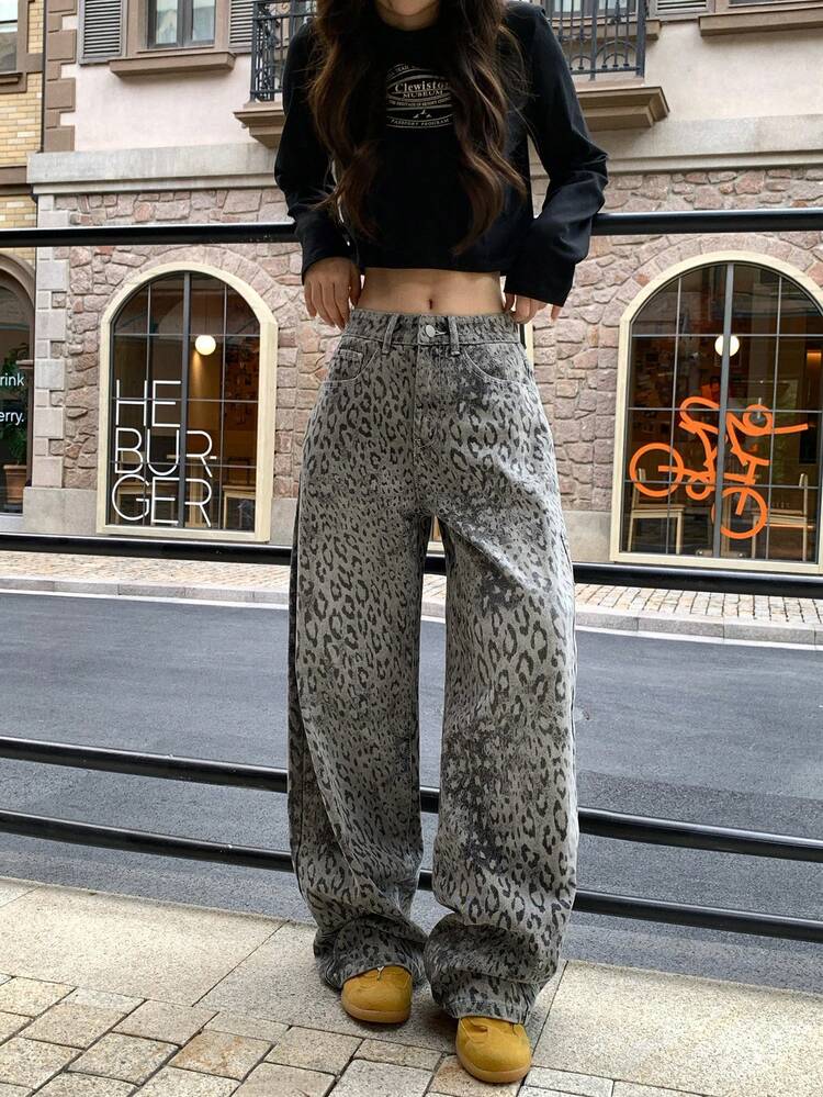 Women's Casual Korean Style Washed Loose Fit Street Leopard Print All-Match Jeans