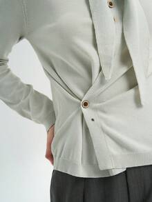 INAWLY Women's Solid Color Tie Neck Asymmetric Button Knit Cardigan Linen Sage Green - Green - View 7