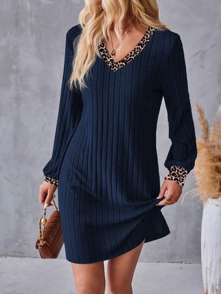 EMERY ROSE Women's Leopard Print & Solid Color Patchwork V-Neck Long Sleeve Dress - Multicolor - View 1