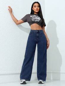 SHEIN ICON 女士高腰口袋休闲百搭阔腿牛仔裤 - 深色水洗藍 - 查看 7