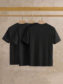 Manfinity VCAY Men's Black Summer Basic Casual Work Knitted Solid Color Ribbed Short Sleeve Turtleneck T-Shirt Pack,Cotton Knit Tops For Man - Black - View 2