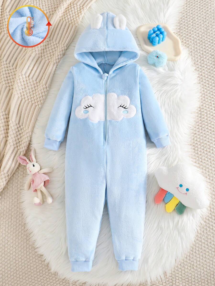 1pc Young Girl' Plush Thick Blue Cloud & Smiling Face Embroidered Pink Hooded Jumpsuit, Cute Autumn/Winter Sleepwear