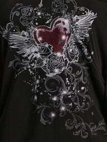 SHEIN ICON Plus Size Retro Y2K Punk Gothic Grunge Rock Heart Wings Rhinestone Asymmetrical Shoulder Loose Black T-Shirt,Sommar,Night Out Club - Black - View 5