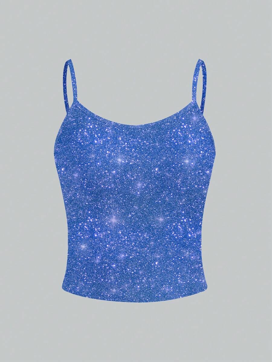 Glamance ORANGE STUDIO Women's Y2K Shiny Print Fitted Camisole Blue Sparkly Top Blue Crop Top Blue Top Women Glittery Top Blue Sequin Top - Multicolor - View 1