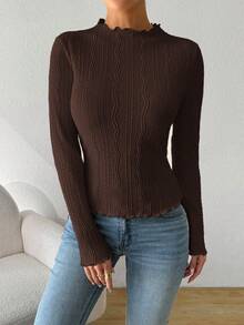 SHEIN Essnce 女士春夏秋季纯色荷叶边立领长袖修身T恤，深棕色上衣 - 咖啡棕 - 查看 3