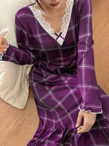 Dream Adore 女士紫色格子印花荷叶边蕾丝V领蝴蝶结丝滑长袖睡裙，休闲日常中长连衣裙 - 紫色 - 查看 4