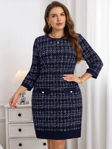 Miaspire Plus Size Women Plaid Round Neck 3/4 Sleeve Straight Casual/Work Dress - Navy Blue - View 1