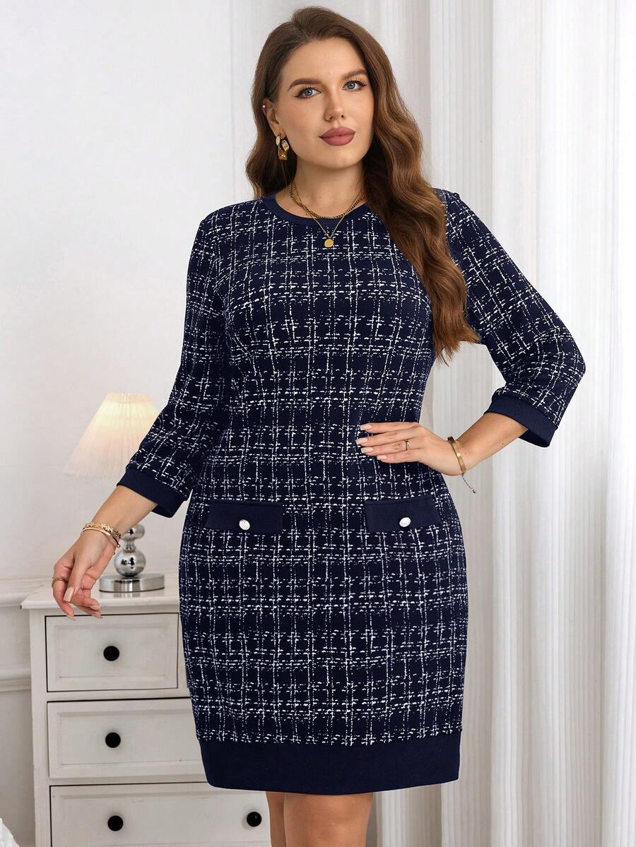 Miaspire Plus Size Women Plaid Round Neck 3/4 Sleeve Straight Casual/Work Dress - Navy Blue - View 1