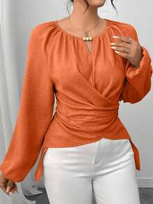 Elenzga 女士串珠裹身式束腰衬衫，秋冬款 - 橘色 - 查看 6