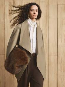 GENKIRA 女士开襟腰带系带插肩袖袖袢日常通勤风衣秋冬休闲款 - 卡其色 - 查看 7