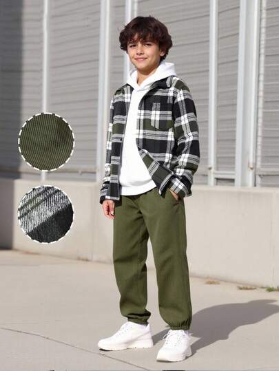Vacaura 适合青少年男孩的三季格子长袖翻领衬衫和灯芯绒松紧腰裤两件套休闲户外