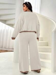Solflare Plus Size Light Color Long Sleeve Top And Pants Sweater 2 Pieces Set/Winter - Light Grey - View 2