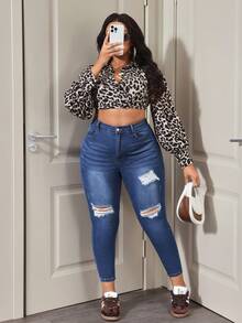 SHEIN ICON Plus Size Women High Waist Pockets Distressed Skinny Casual Jeans - Dark Wash - View 7