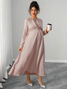 SHEIN Vestido de maternidad elegante de manga larga con envolvente, color rosa - Rosa vieja - Ver 5