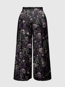 ROMWE Quần dài họa tiết lá bí ẩn in hình đầu lâu đen tối phong cách Gothic dành cho nữ cỡ lớn - màu đen - Xem 2