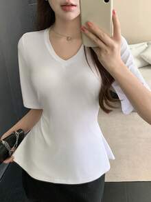 DAZY Women's Elegant V-Neck Ruched Flare Sleeve Short Sleeve T-Shirt, Summer - White - View 3