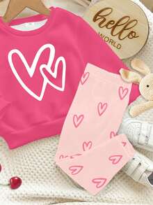 Pink & Cream, Cute & Sweet Girly Heart Series, Baby Girl Casual Comfortable Soft Warm Crew Neck Long Sleeve Sweatshirt And Leggings Set, Suitable For Autumn/Winter Daily Wear, New Year, Outings, Home - Multicolor - View 5