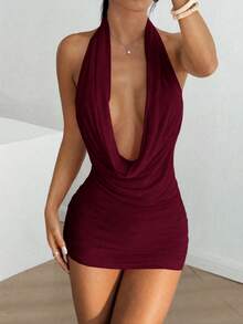 SHEIN EZwear 女士黑色简约垂褶领口下摆迷你连衣裙 - 酒紅色 - 查看 4