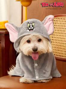 TOM & JERRY X PETSIN 一件装刺绣大耳朵蓝色猫咪宠物猫狗通用灰色毛绒舒适吸水狗帽浴袍