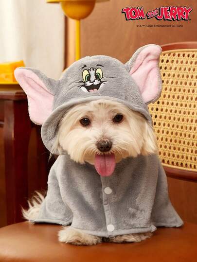 TOM & JERRY X PETSIN 一件装刺绣大耳朵蓝色猫咪宠物猫狗通用灰色毛绒舒适吸水狗帽浴袍