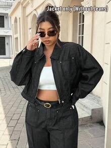 SHEIN ICON جاكيت كاجوال مغسول للنساء ذوات الحجم الكبير - الأسود - مشاهدة 1